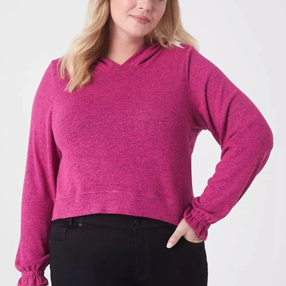 Lane Bryant hot pink relaxed long blouson sleeve hoodie crop sweater size 14/16